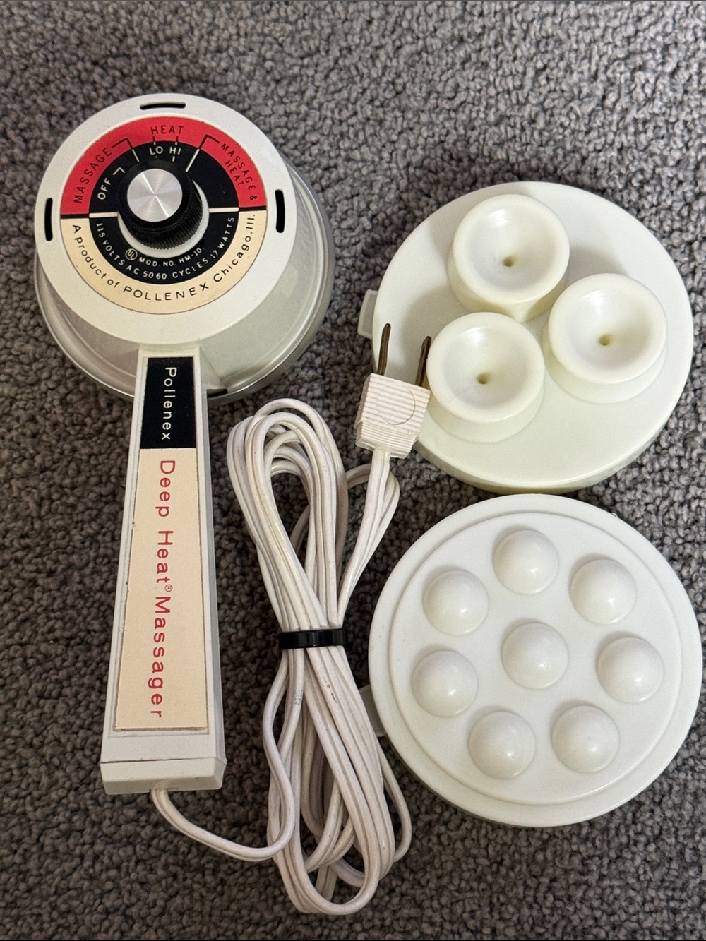 Vintage Pollenex Deep Heat Massager - White. With 2 Massage Attachments! Works!